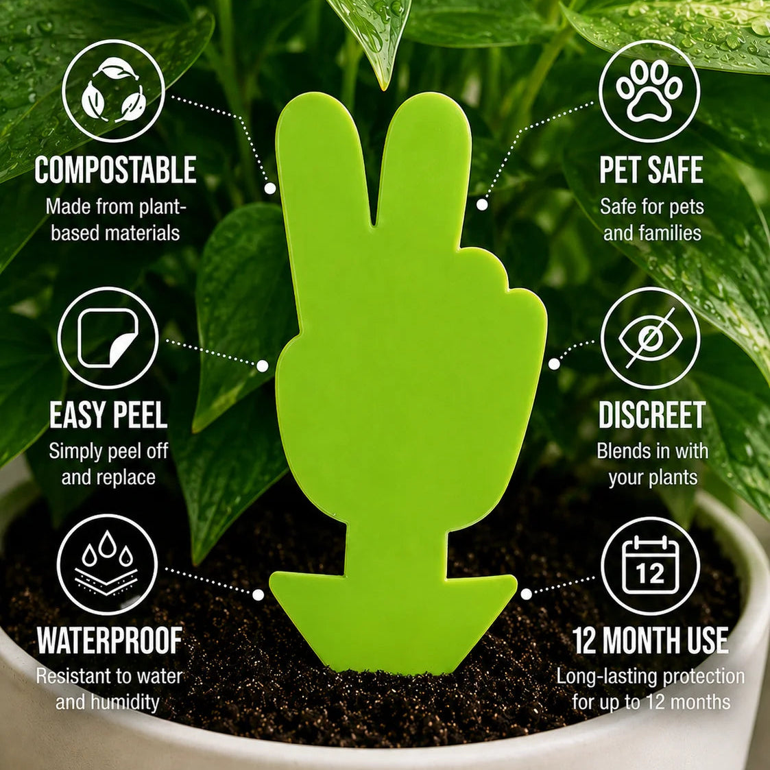Green plant marker with compostable, pet-safe, easy-peel, waterproof, and 12-month use features against a plant background.