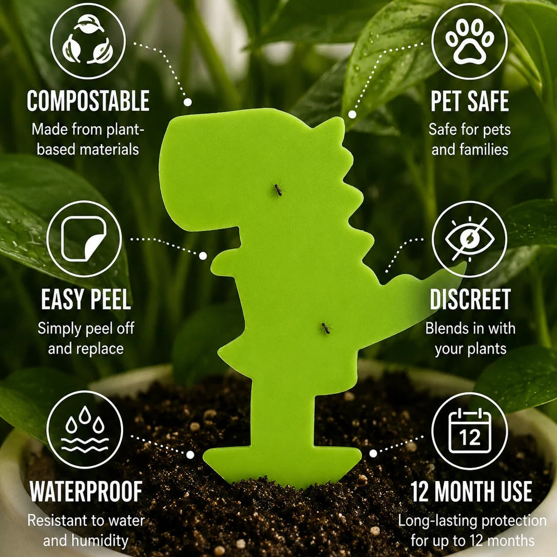 Green pest control device shaped like a lizard on a plant with features listed around it.