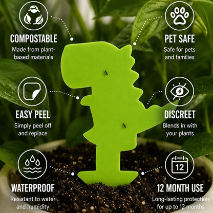 Green pest control device shaped like a lizard on a plant with features listed around it.