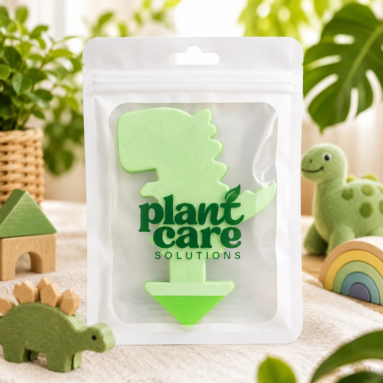 Green plant care solution packaging with a dinosaur design on a light background.