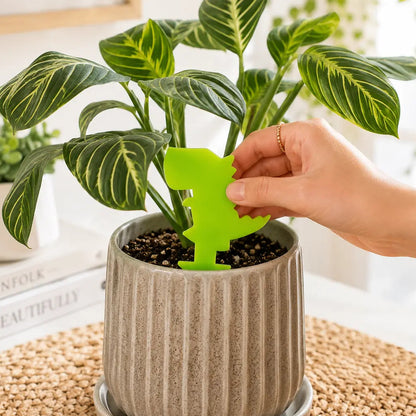 Person placing a green plant label on a potted plant indoors